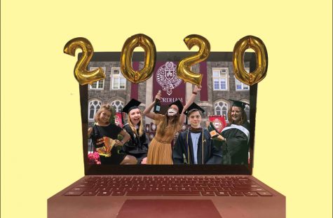 collage of five members of the class of 2020 in front of fordham on a laptop screen, with 2020 balloons on top