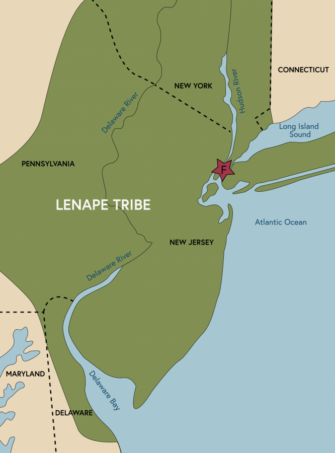 Illustration of the Native Lenape tribe's land in present day New Jersey, Pennsylvania, Maryland, New York, Delaware, and Connecticut