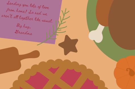 graphic illustration of Apple pie with turkey and rolling pin along with a note from Grandmother