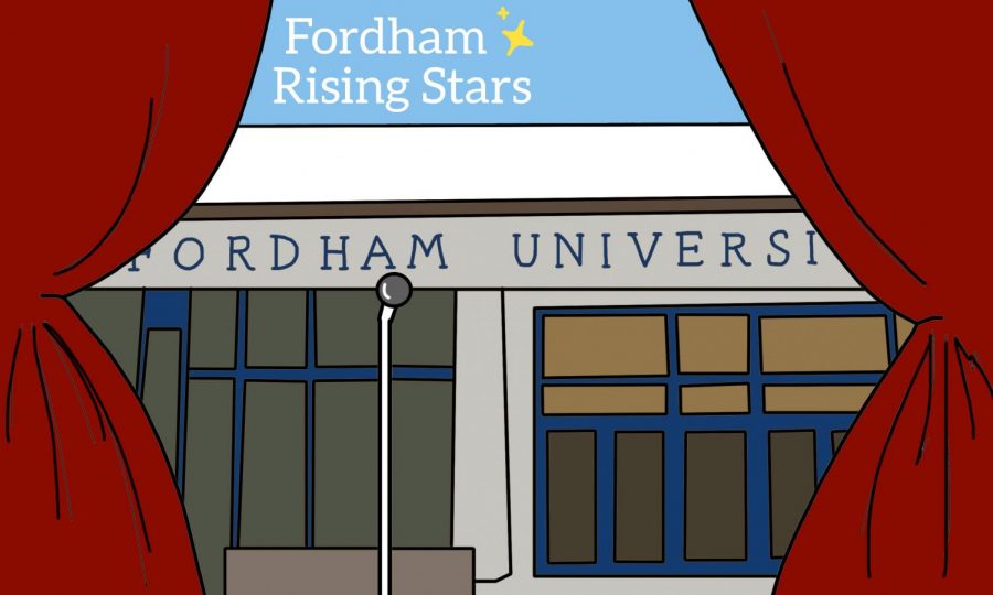 graphic of red theatre curtains pulled back to show the front of fordhams building, with text saying fordham rising stars to denote the talent show