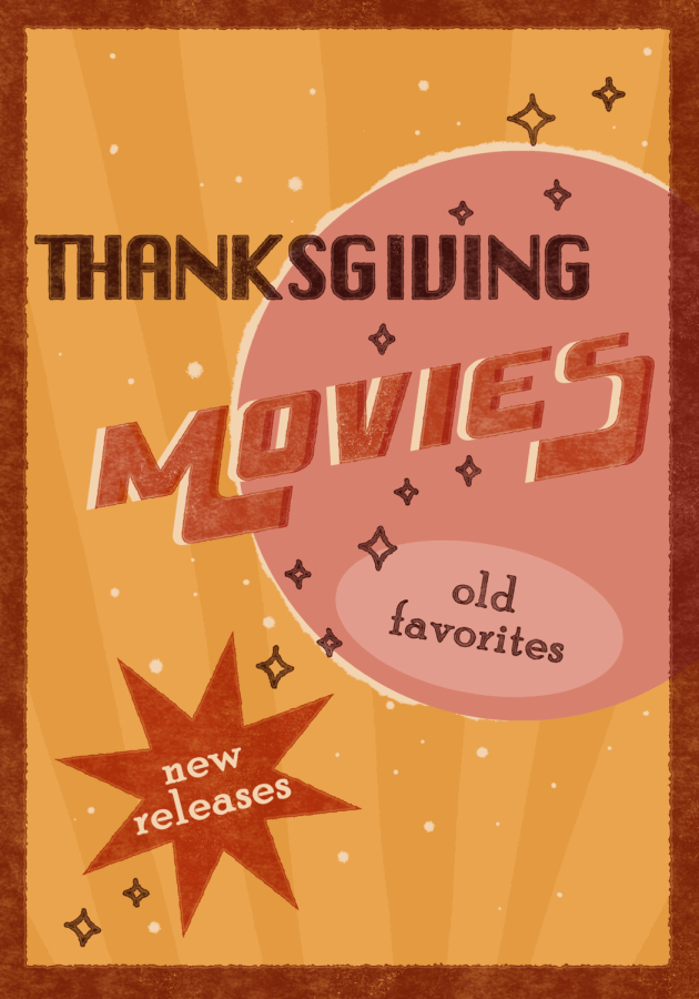 graphic illustration of a movie poster reading "Thanksgiving Movies, old releases, new favorites"