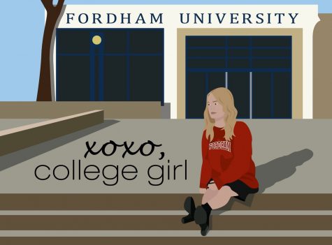 graphic of girl with blonde hair in a red fordham sweatshirt sitting on the steps in front of a building that says fordham university. text in the bottom left corner says xoxo, college girl as a nod to gossip girl
