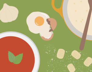 Illustration of Italian food including gnocchi and a cracked egg