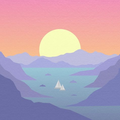 the Horizons album cover, a drawing of the sun setting over a horizon of mountains and a lake