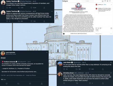 collage of tweets by fordham professors and students laid over a drawing of the capitol building in the background