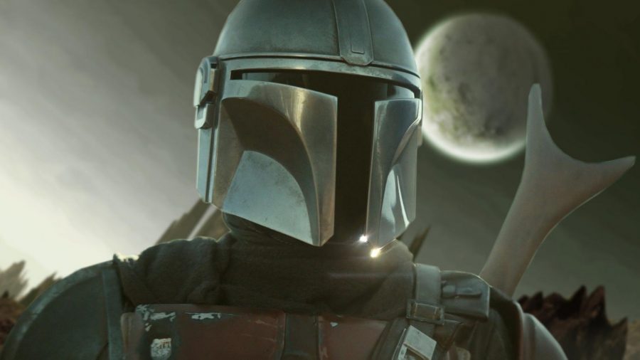 a+realistic+drawing+of+The+Mandalorian+with+his+rifle+over+his+shoulder+and+a+planet+in+the+sky+behind+him