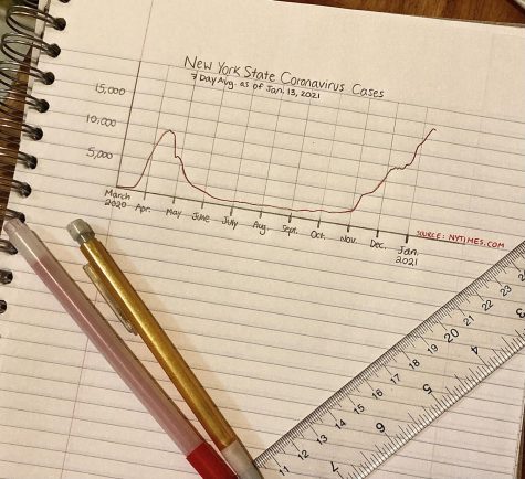 photo of lined paper with a graph of coronavirus cases in new york state as of jan. 13 drawn on it. two pencils and a ruler are on top of the notebook.