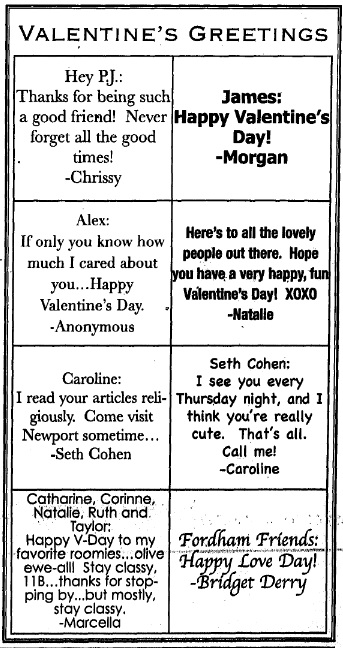 Valentine's messages from a 2005 issue of The Observer