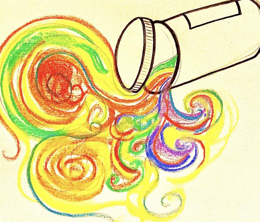 a drawing of an antidepressants pill bottle with colored swirls pouring out of it