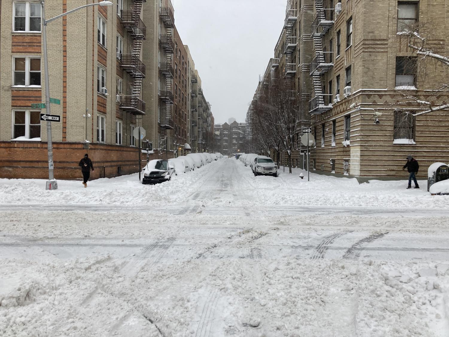 a street of cars covered in snow and plowed in