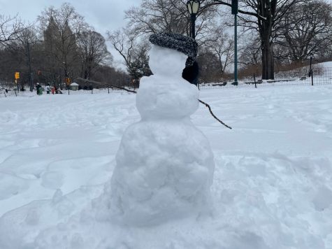 A snowman wearing a fur cap