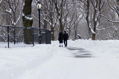 a couple walks down a snowy sidewalk in a NYC park after the snowstorm