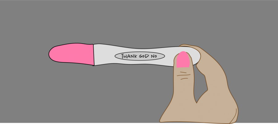 for an article about not wanting kids, illustration of a hand holding a pregnancy test that says thank god no