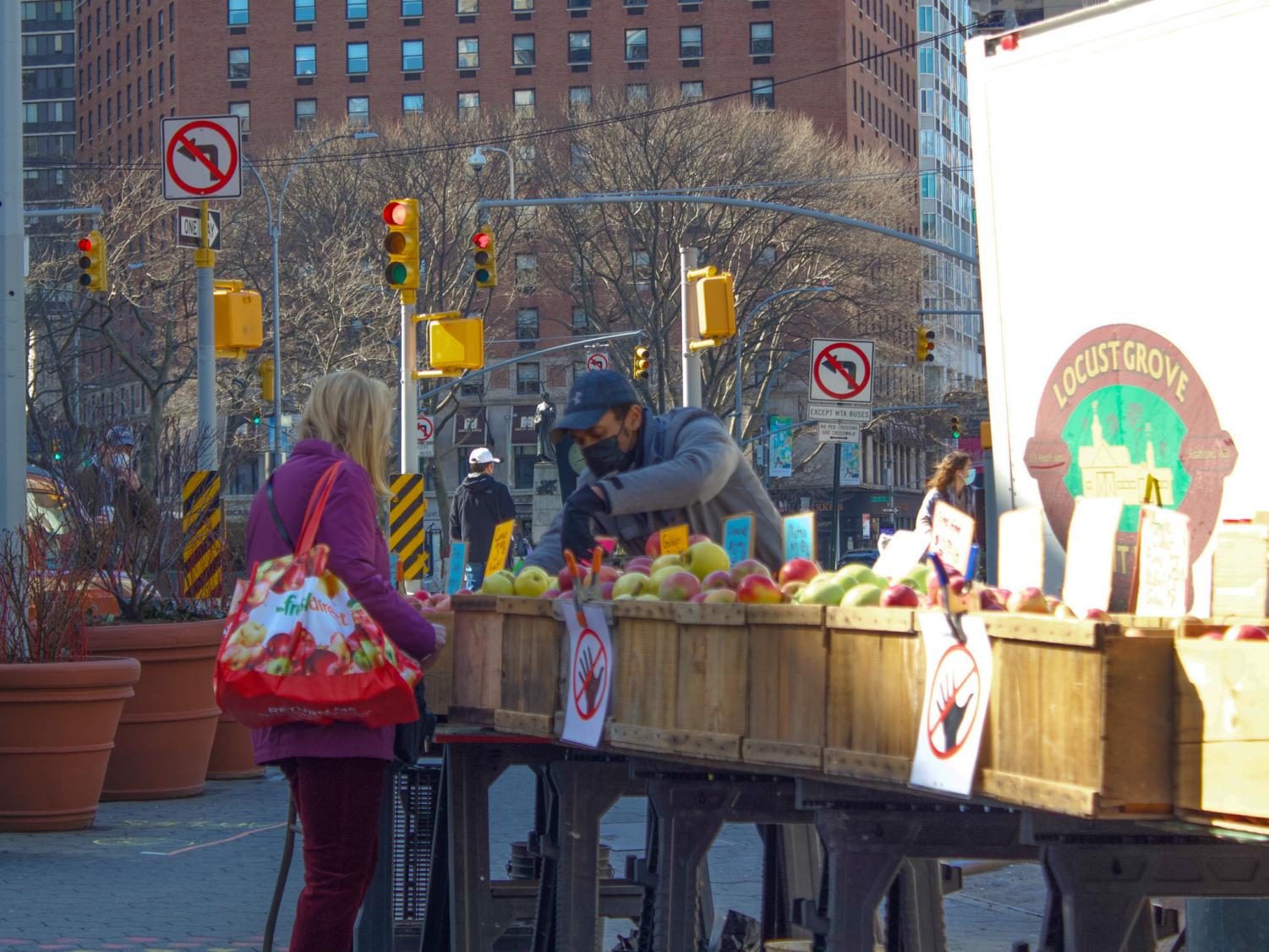 person looking at fruit in boxes at a spring farmer's market