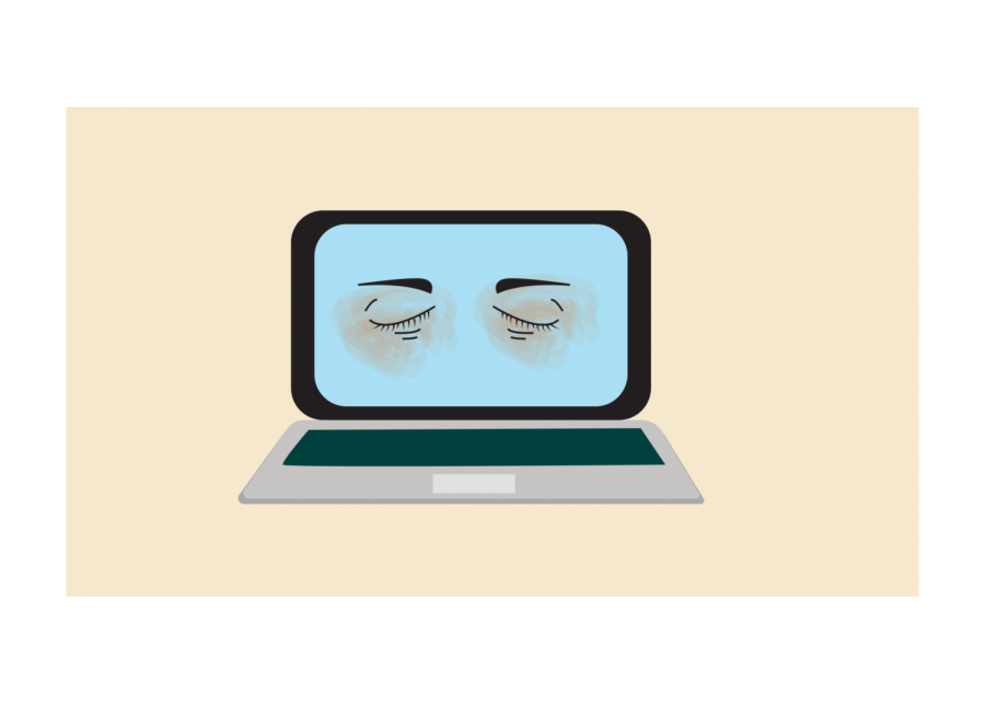 for an article about eye strain, an illustration of an open laptop with closed eyes displayed on the screen
