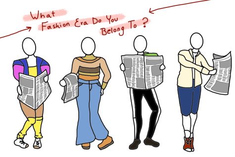 image of four people wearing an outfit from each fashion era between the 1980s and the 2010s, and each is holding a newspaper. text above their heads reads what fashion era do you belong to?