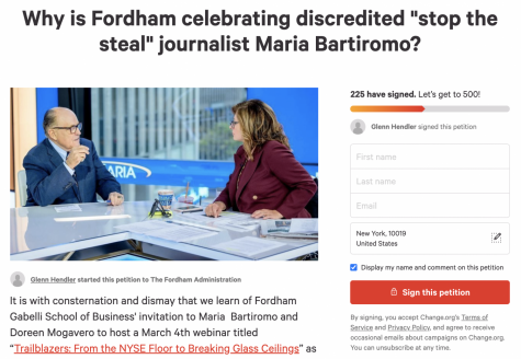 a screenshot of the petition reading "Why is Fordham celebrating discredited 'stop the steal' journalist Maria Bartiromo?"