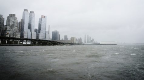 waves lash at the shores of New York City during Hurricane Sandy