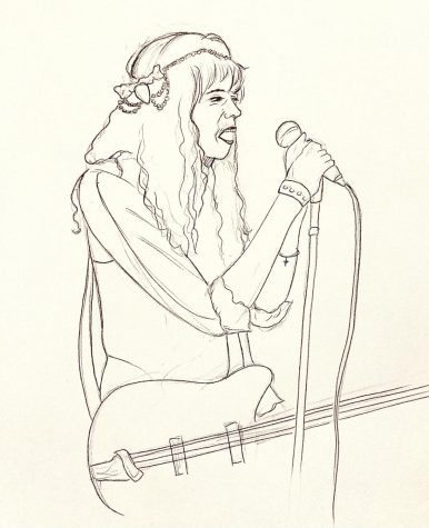 graphic illustration of Courtney Love, a possible woman serial killer, singing into a microphone