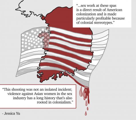 graphic illustration of South Korea in red with the American flag imposed on top dripping with blood