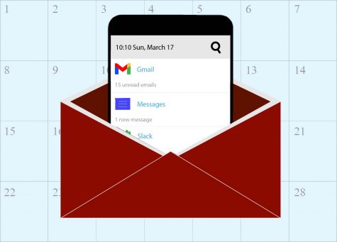 for an article about march 2020 in emails, a graphic of a phone coming out of an envelope with a calendar in the background