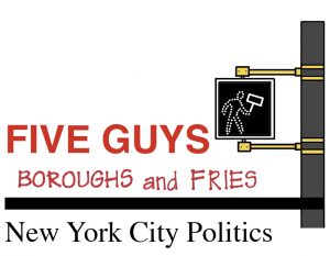 graphic for leo bernabei's column of a street sign and red text that says "five guys boroughs and fries new york city politics"