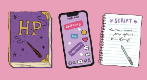 graphic illustration of a Harry Potter book, a phone on TikTok, and a script for shifting