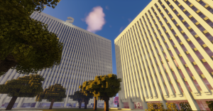 Lowenstein II building on Minecraft, a realistic sandstone structure like the real Lowenstein Center