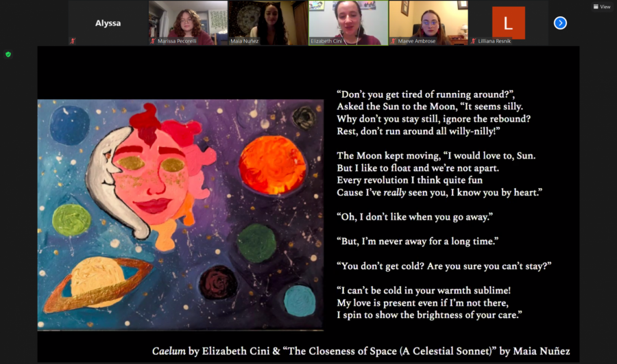 A screenshot of works at The Comma showcase titled "Caelum" by Elizabeth Cini and "The Closeness of Space (A Celestial Sonnet)" by Maia Nunez