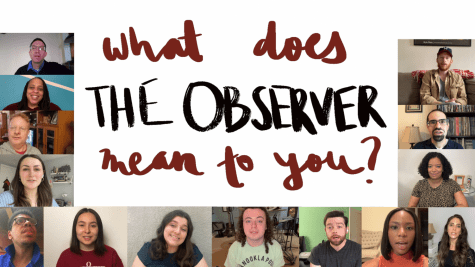 handwritten text that says what does the observer mean to you? on a white box. surrounding it are 14 screenshots of the faces of observer staff members from past and present