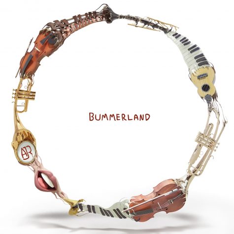 cover art for AJR's OK Orchestra single "Bummerland." Cartoon instruments meld into each other in a circle