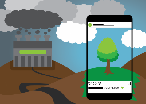 graphic of greenwashing with polluting factory in the back and instagram photo of a tree in the foreground