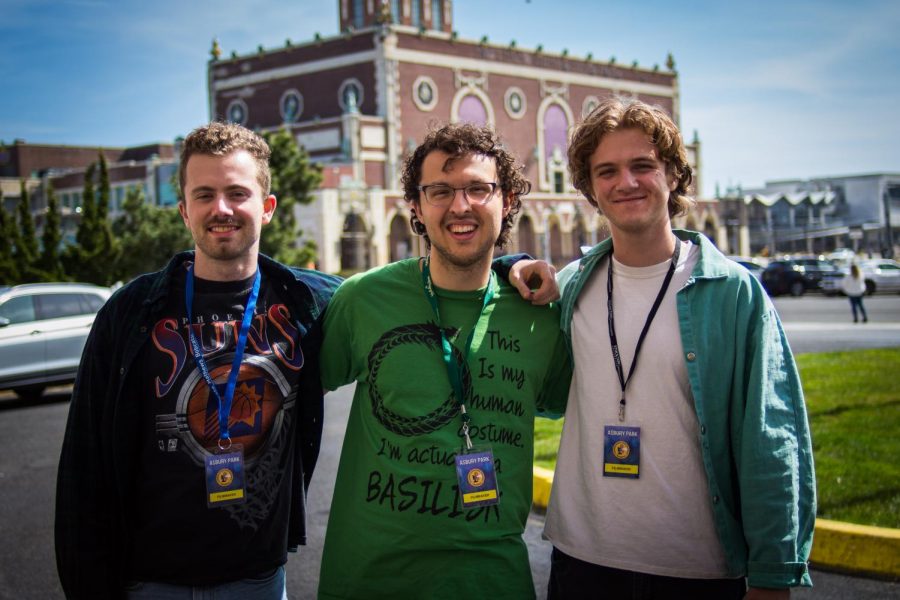 writers and producers of The Stamp Collector Luke Momo, Tommy Cunningham and Davis Browne smile outside at the Garden State Film Festival