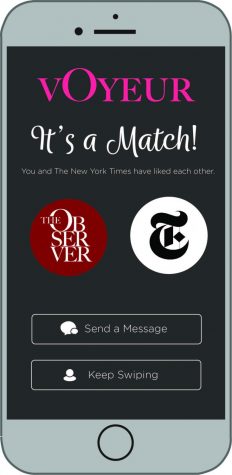 graphic illustration of The Observer getting a match with The New York Times on Voyeur, The Observer's own dating app for newspapers