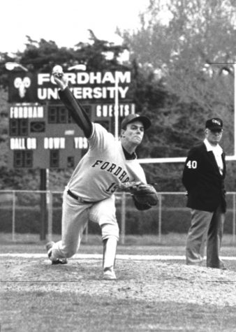 Pete Harnisch pitches while at Fordham in a black and white photo