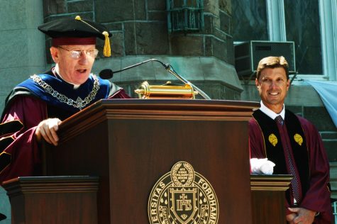 one of Fordham's main administrators, Rev. Joseph McShane, gives a speech at commencement years ago