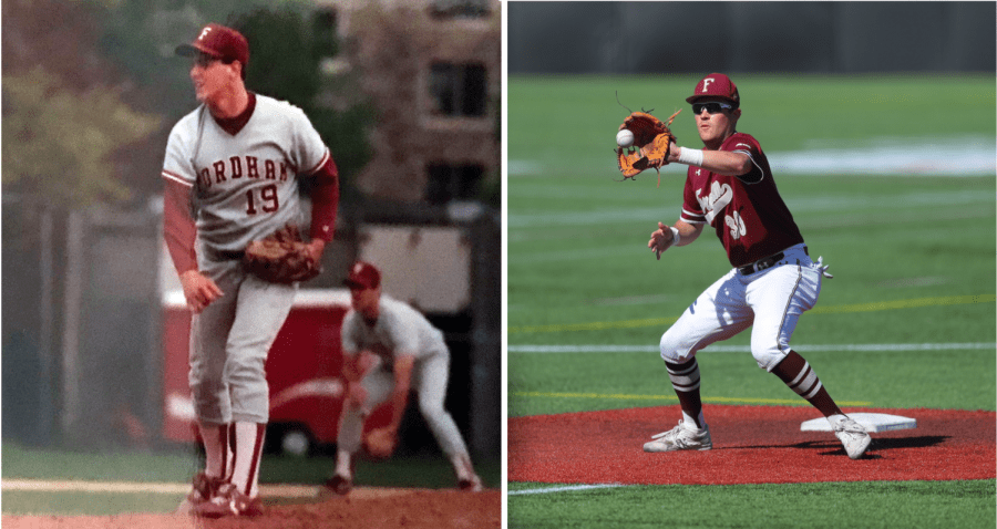 Both Pete and Jack Harnisch played baseball at Fordham. They are pictured in their uniforms, over thirty years apart.