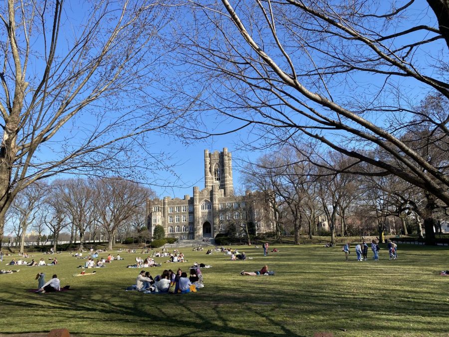 for an article about masks not being required on campus, students sitting on Eddies Parade in the sunshine