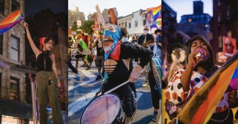 Three images put together in a graphic, one of a single protestor at Pride, another of a larger group of Pride marchers, and one of a woman witha microphone at Pride.