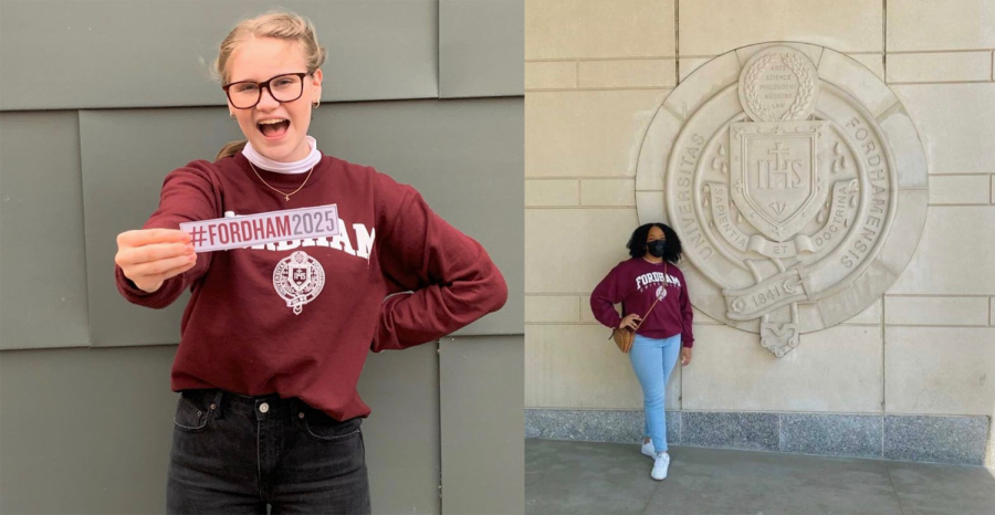 two students pictured in a collage, one holding a Fordham 2025 sticker and the other standing in front of a Fordham seal outside