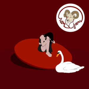 Album cover of The Marias CINEMA. Lead singer Maria sits on a red circle in a room of red velvet with a swan beside her. The Ram Jams logo sits in the upper right corner of the album cover of a ram listening to music with headphones.
