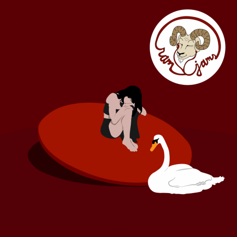 Album cover of The Marias' CINEMA. Lead singer Maria sits on a red circle in a room of red velvet with a swan beside her. The Ram Jams logo sits in the upper right corner of the album cover of a ram listening to music with headphones.