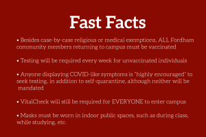 Fordham Forward Fast Facts are detailed in a bullet point list on a maroon background