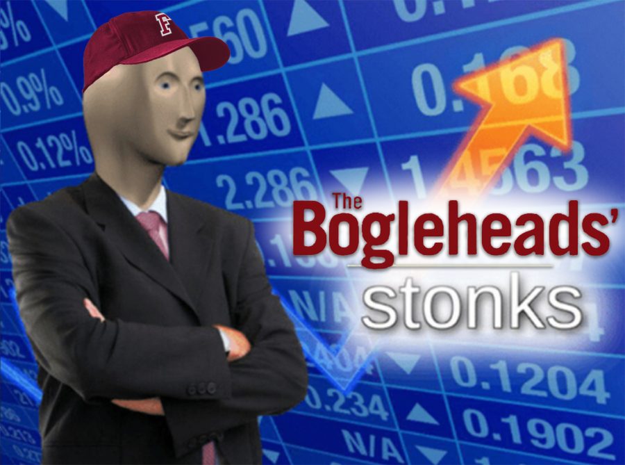for an article about investing, a graphic of the stonks meme with a fordham hat on
