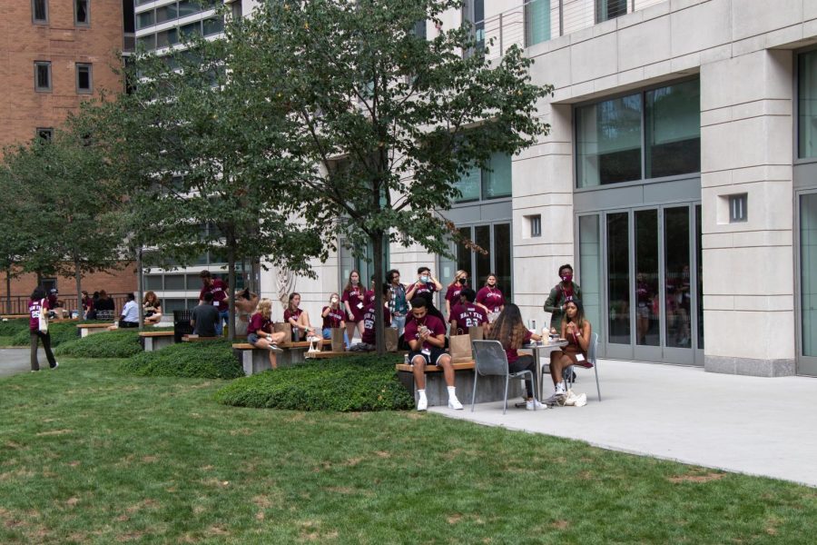 first-year+students+sitting+outside+their+dorm+building%2C+Mckeon+hall