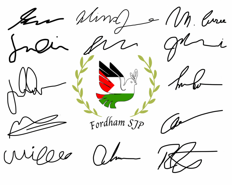 a dove colored in red, white, black and green with the words Fordham SJP surrounded by signatures