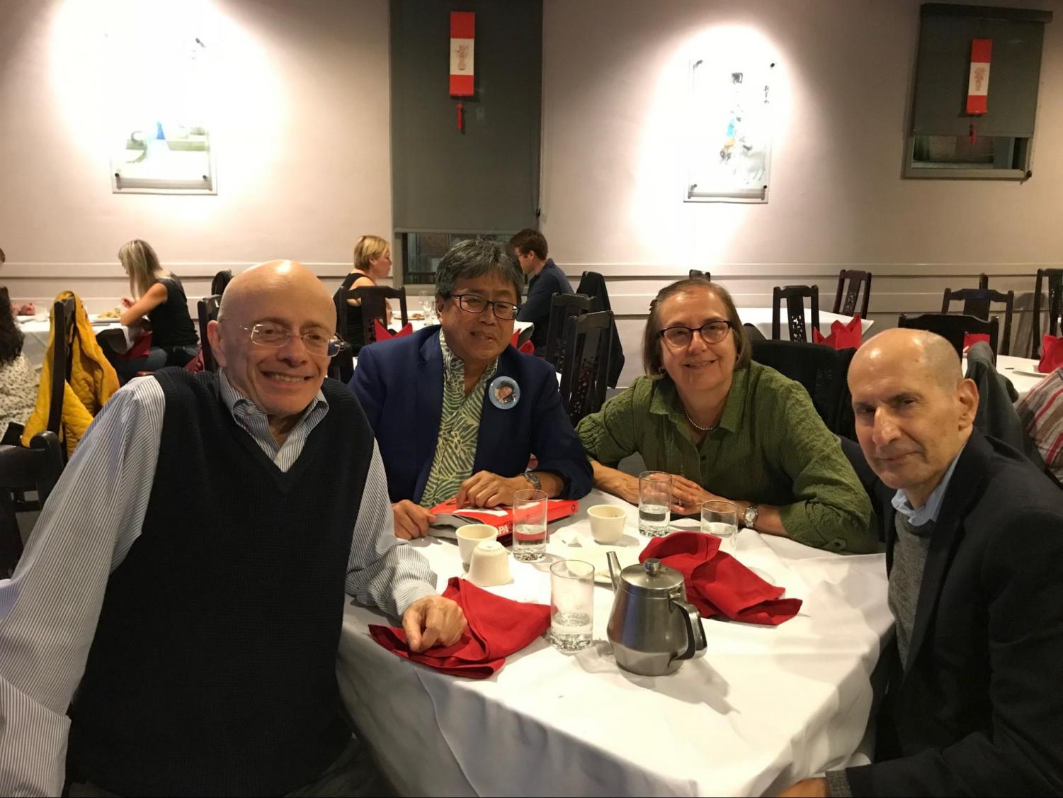 From Left to Right: Dr. Leonard Jason, Dr. John Moritsugu, Dr. Jane Harmon, and Dr. David Glenwick, at dinner in 2015, in San Francisco.