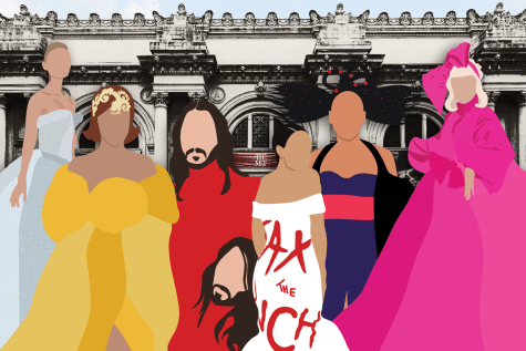 met gala attendees in graphic format on top of an image of the met