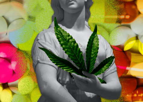 angel holding cannabis leaf on colorful background