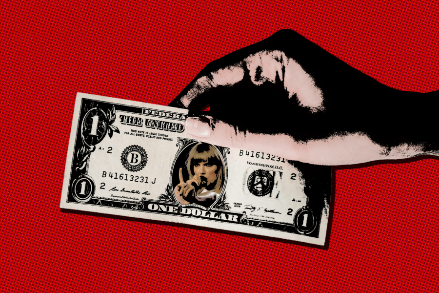 a high contrast hand holding a dollar with taylor swifts face on it as she holds a microphone to her mouth, on a red background